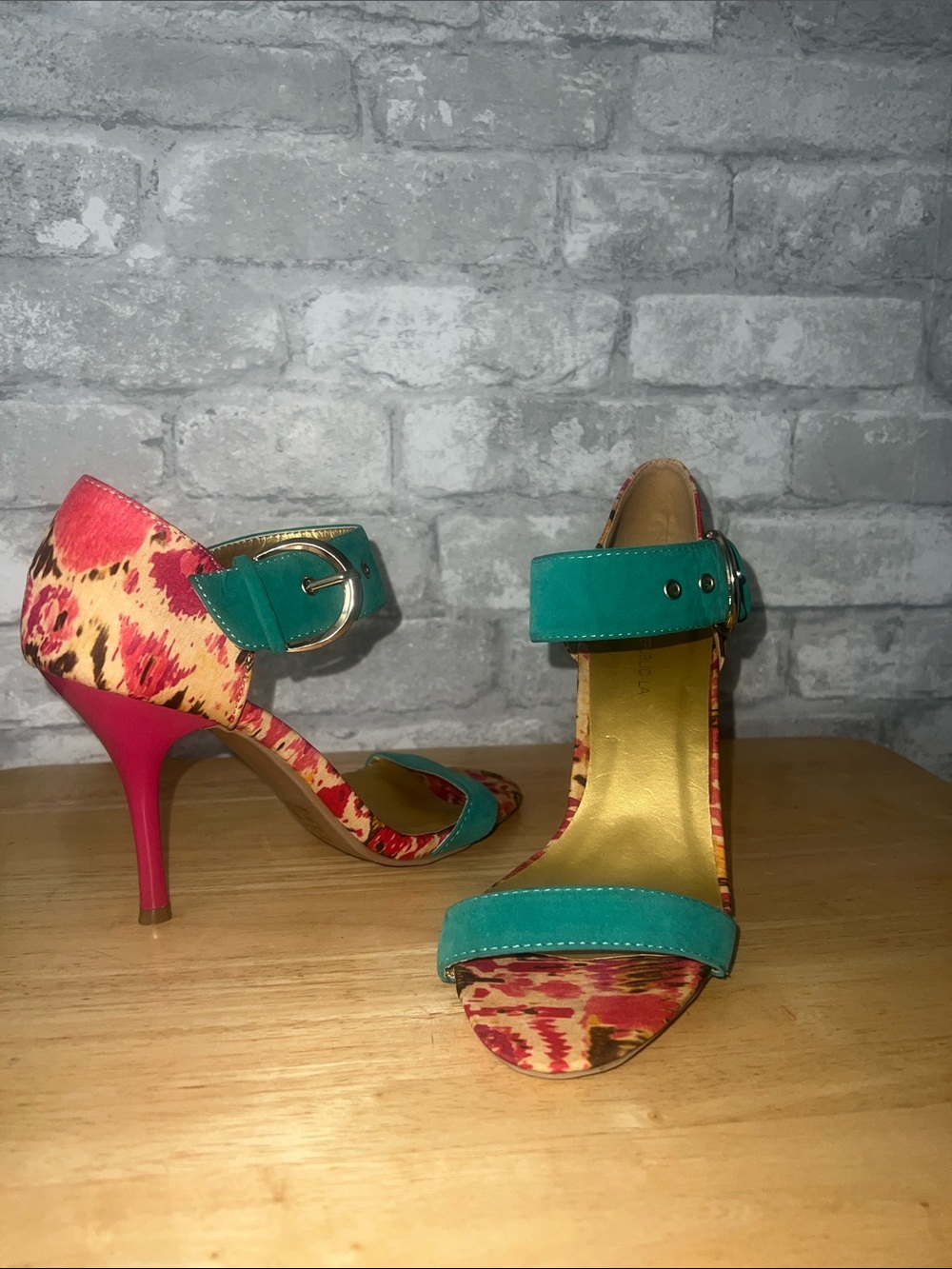 Shoe republic la Colorblock Floral Ankle-Strap High Heels in Teal and Pink